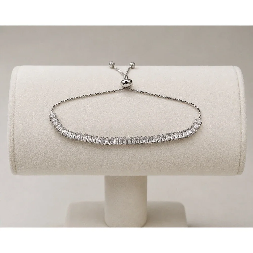 Adjustable CZ Tennis Bracelet Silver Tone Baguette Rhinestone Slider Bracelet